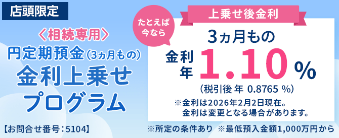 店頭限定。＜相続専用＞円定期預金（3ヵ月もの）金利上乗せプログラム。たとえば今なら3ヵ月もの金利年1.10%（税引後0.8765％）※金利は2026年2月2日現在。金利は変更となる場合があります。※所定の条件あり※最低預入金額1,000万円から
