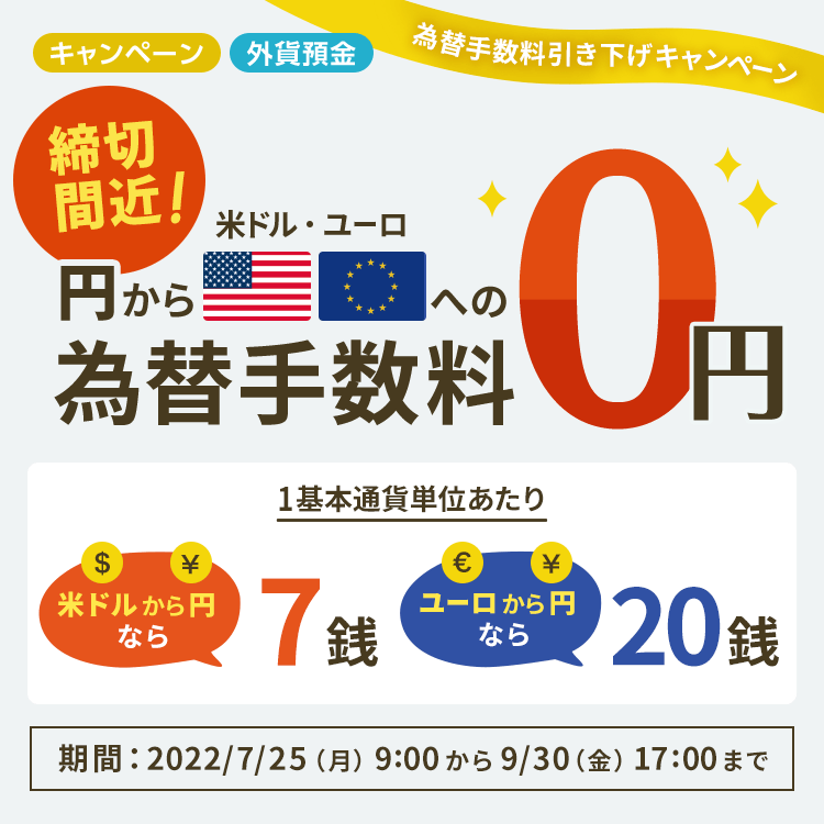 円から米ドル・ユーロへの為替手数料0円 米ドルから円なら7銭 ユーロから円なら20銭