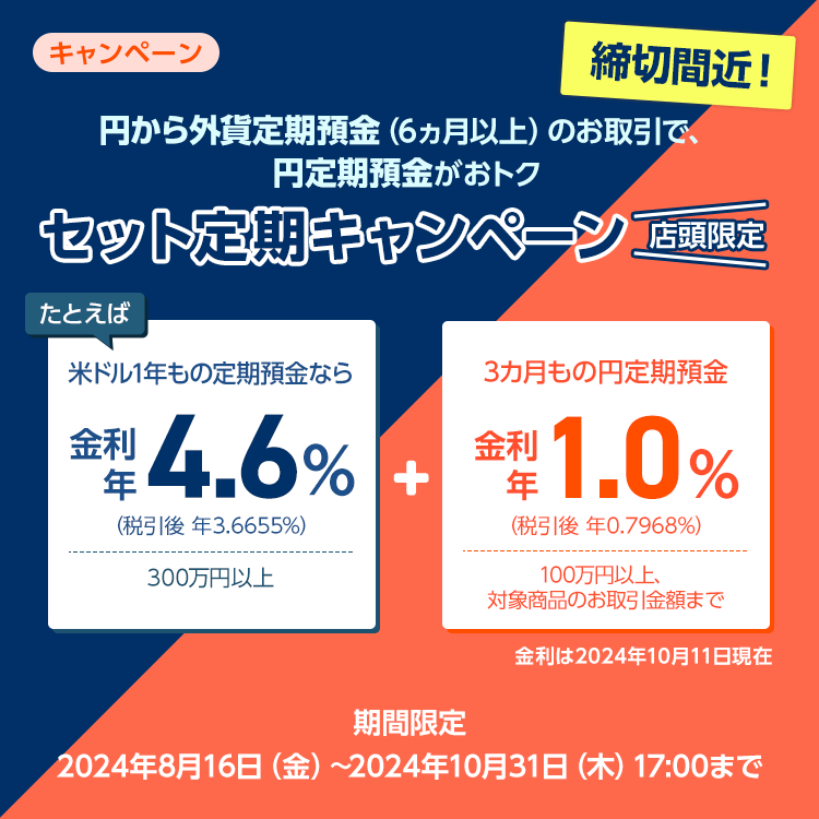 【店頭限定】セット定期キャンペーン　円から外貨定期預金(6ヵ月以上)のお取引で、円定期預金がおトク