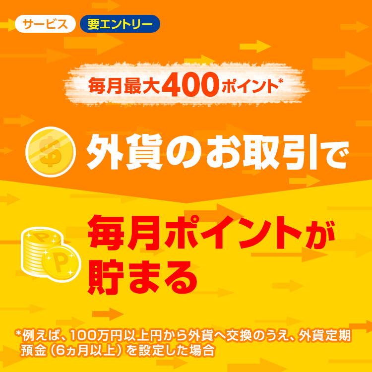 毎月最大400ポイント 外貨のお取引で、毎月ポイントが貯まる