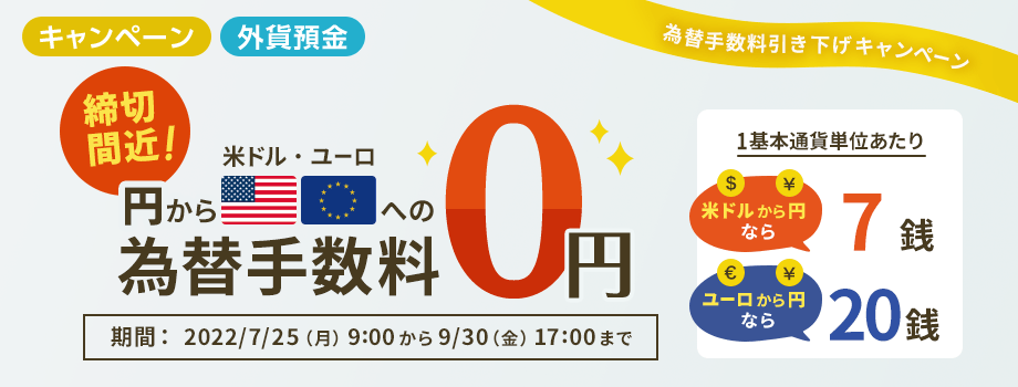 円から米ドル・ユーロへの為替手数料0円 米ドルから円なら7銭 ユーロから円なら20銭