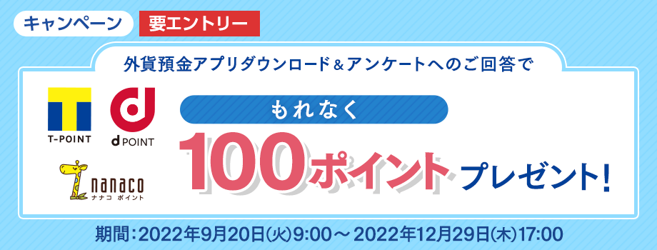 外貨預金アプリダウンロード＆アンケートへのご回答でもれなく100ポイントプレゼント