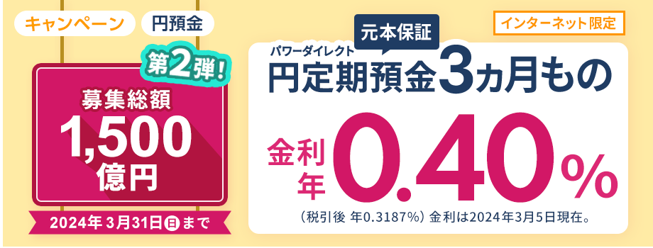 パワーダイレクト3ヵ月もの円定期預金 金利年0.40％（税引前）