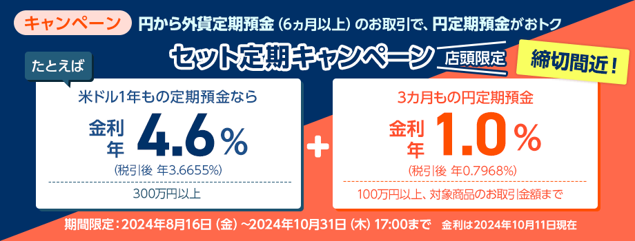 【店頭限定】セット定期キャンペーン　円から外貨定期預金(6ヵ月以上)のお取引で、円定期預金がおトク
