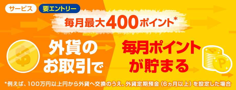 毎月最大400ポイント 外貨のお取引で、毎月ポイントが貯まる