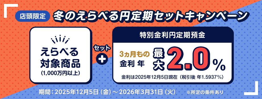 冬のえらべる円定期セットCP。えらべる対象商品とセットで特別金利円定期預金3カ月物最大年2.0%（税引後年1.5937%）。所定の条件あり。期間は2025年12月5日（金）～2026年3月31日（火）