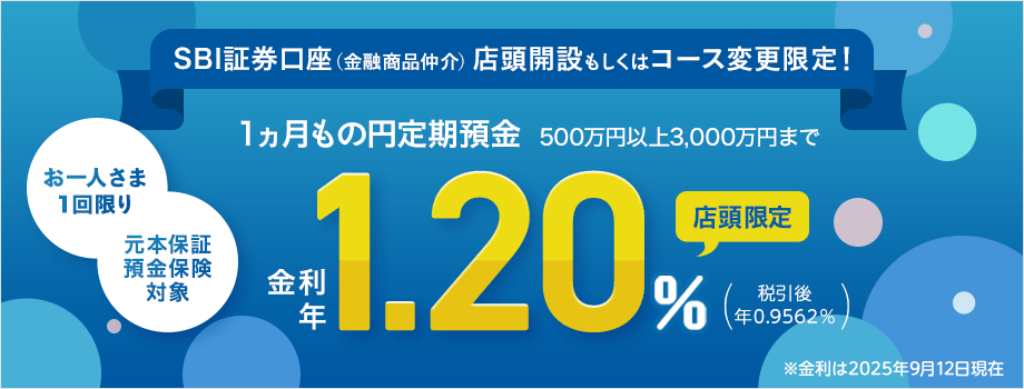 SBI証券（金融商品仲介）口座開設・コース変更限定 店頭限定特別金利円定期預金プログラム：金利年1.20％（税引後：年0.9562％）