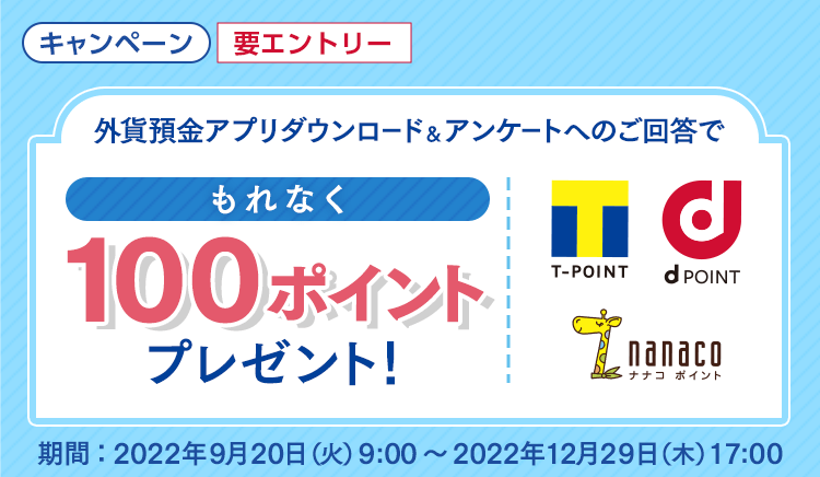 外貨預金アプリダウンロード＆アンケートへのご回答でもれなく100ポイントプレゼント