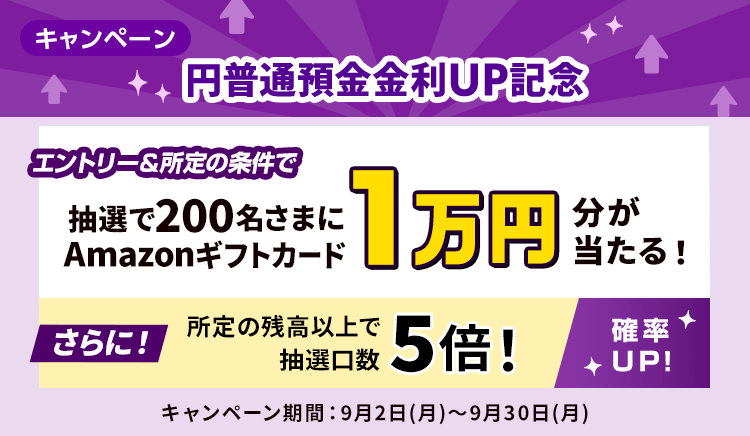 円普通預金 金利UP記念！抽選で200名さまにAmazonギフトカード10,000円分プレゼントキャンぺーン