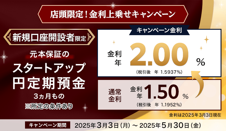 ＜店頭限定＞スタートアップ円定期預金（3ヵ月もの）金利上乗せキャンペーン