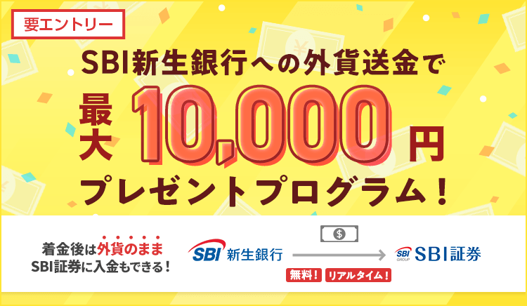 SBI新生銀行への外貨送金で最大10,000円キャッシュプレゼントプログラム