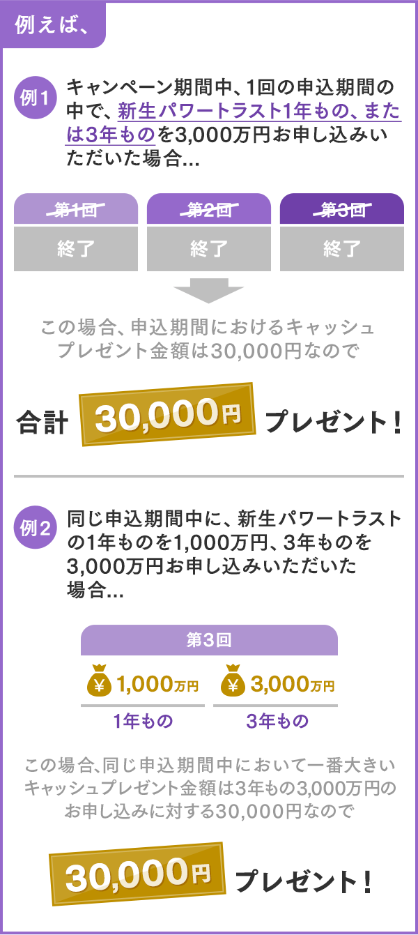 例えば、キャンペーン期間中、計3回すべての申込期間の中で、新生パワートラスト1年もの、または3年ものをそれぞれ3,000万円お申し込みいただいた場合合計90,000円プレゼント！