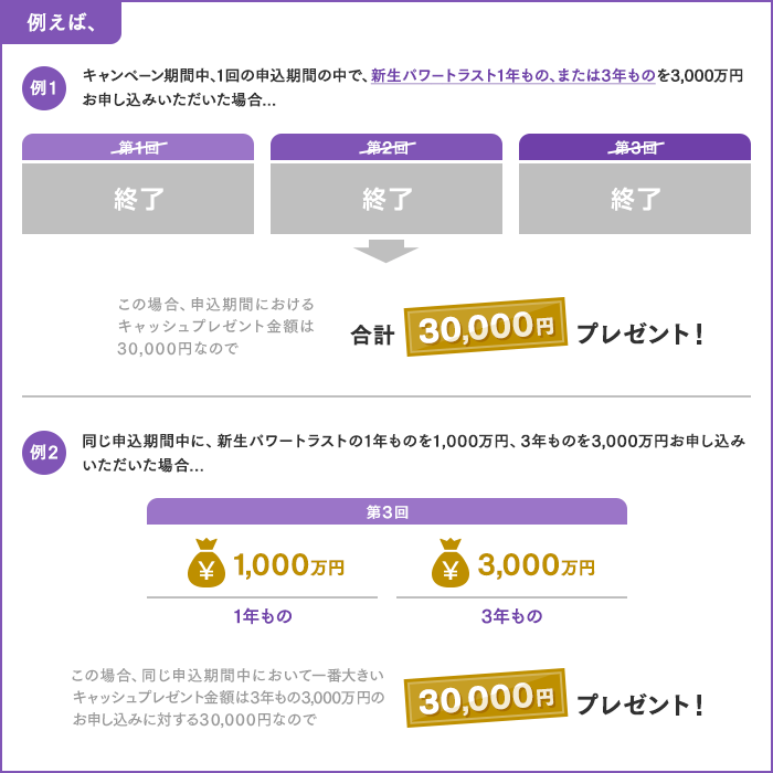 例えば、キャンペーン期間中、計3回すべての申込期間の中で、新生パワートラスト1年もの、または3年ものをそれぞれ3,000万円お申し込みいただいた場合合計90,000円プレゼント！