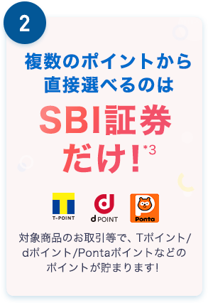 2.複数のポイントから直接選べるのはSBI証券だけ！*3 対象商品のお取引等で、Tポイント/dポイント/Pontaポイント などのポイントが貯まります！