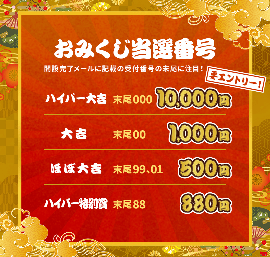 おみくじ当選番号 開設完了メールに記載の受付番号の末尾に注目！ ハイパー大吉　末尾000　10,000円 大吉　末尾00　1,000円 ほぼ大吉　末尾99,01　500円　ハイパー特別賞　末尾88　880円 要エントリー！