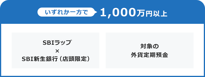 いずれか一方で1,000万円以上。・SBIラップ×SBI新生銀行（店頭限定）・対象の外貨定期預金