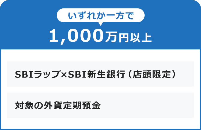いずれか一方で1,000万円以上。・SBIラップ×SBI新生銀行（店頭限定）・対象の外貨定期預金
