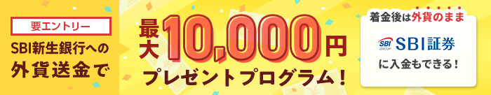 SBI新生銀行への外貨送金で最大10,000円キャッシュプレゼントプログラム