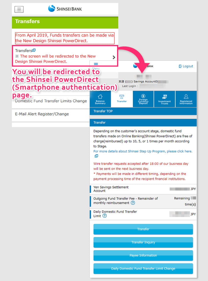 The procedure for Domestic Fund Transfer on Shinsei PowerDirect