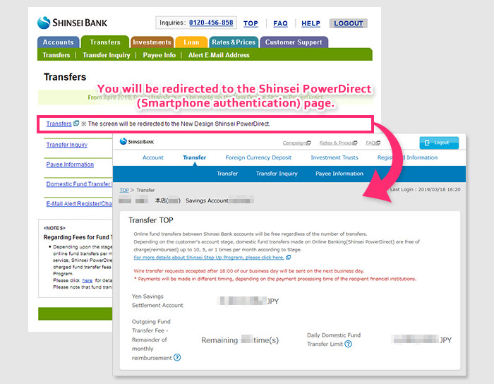 The procedure for Domestic Fund Transfer on Shinsei PowerDirect