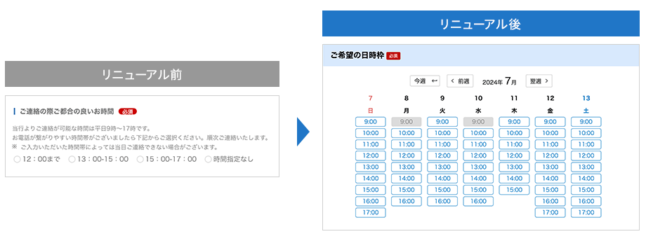 電話予約フォームリニューアル後のご希望の日時枠入力画面