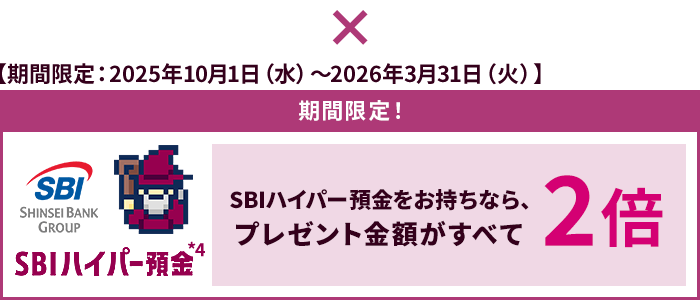 【期間限定：2025年10月1日（水）～2026年3月31日（火）】SBIハイパー預金をお持ちなら、プレゼント金額がすべて2倍