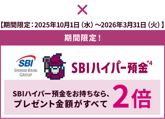 【期間限定：2025年10月1日（水）～2026年3月31日（火）】SBIハイパー預金をお持ちなら、プレゼント金額がすべて2倍