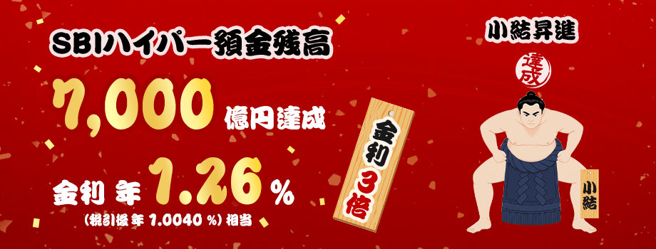 SBIハイパー預金残高7,000億円達成！ 小結昇進 金利3倍 金利年1.26％（税引後 年1.0040％）相当