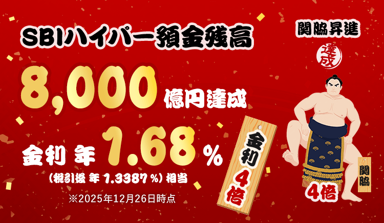 SBIハイパー預金残高8,000億円達成！ 関脇昇進 金利4倍 金利年1.68％（税引後 年1.3387％）相当 2025年12月26日時点