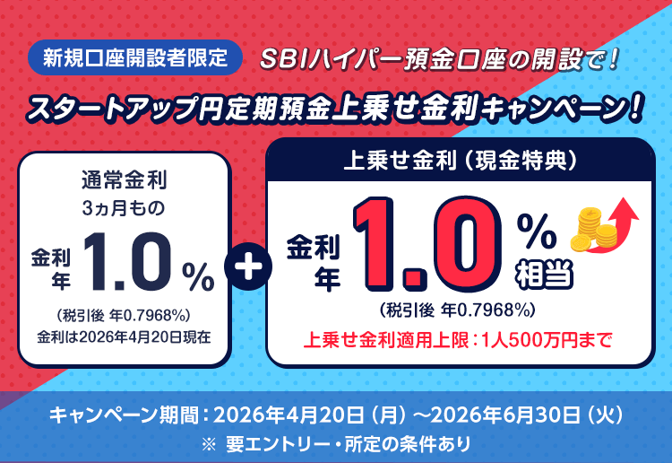 期間限定キャンペーン スタートアップ円定期×SBIハイパー預金 新規口座開設者限定！
