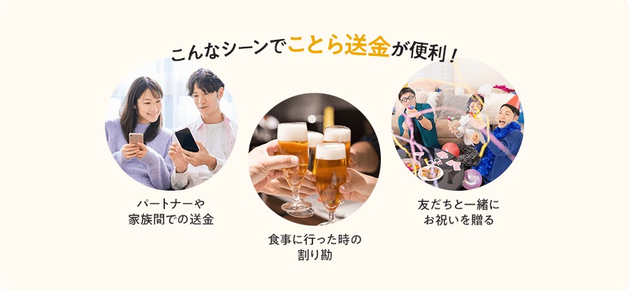 こんなシーンでことら送金が便利！パートナーや家族間での送金、食事に行った時の割り勘、友だちと一緒にお祝いを贈る