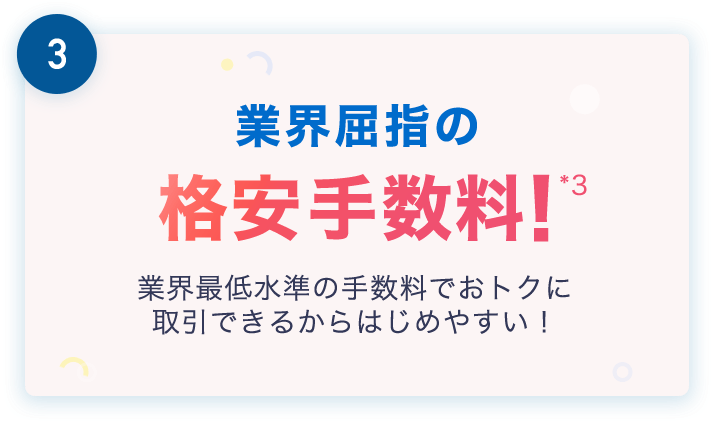 3.業界屈指の格安手数料！*3 業界最低水準の手数料でおトクに取引できるからはじめやすい！