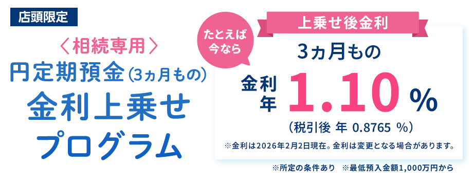 店頭限定。＜相続専用＞円定期預金（3ヵ月もの）金利上乗せプログラム。たとえば今なら3ヵ月もの金利年1.10%（税引後0.8765％）※金利は2026年2月2日現在。金利は変更となる場合があります。※所定の条件あり※最低預入金額1,000万円から