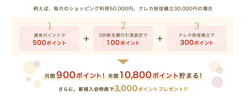 例えば、毎月のショッピング利用50,000円、クレカ投信積立30,000円の場合月間900ポイント！年間10,800ポイント貯まる！さらに、新規入会特典で3,000ポイントプレゼント！！