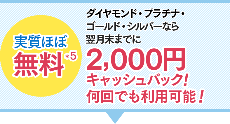 実質ほぼ無料*5　ダイヤモンド・プラチナ・ゴールド・シルバーなら2,000円キャッシュバック！何回でも利用可能！