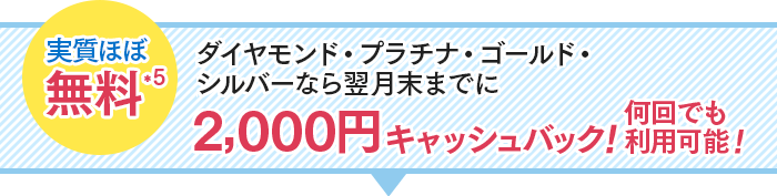 実質ほぼ無料*5　ダイヤモンド・プラチナ・ゴールド・シルバーなら2,000円キャッシュバック！何回でも利用可能！