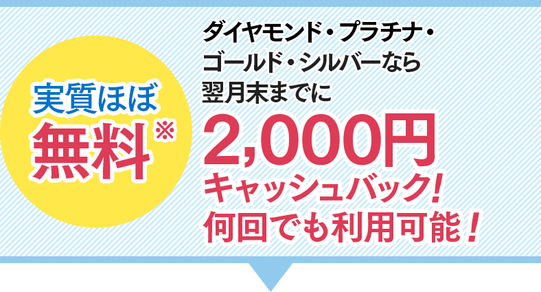 ダイヤモンド・プラチナ・ゴールド・シルバーなら翌月末までに2,000円キャッシュバック！何回でも利用可能！実質ほぼ無料