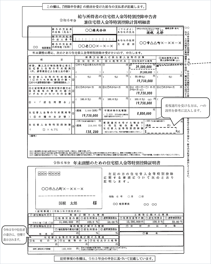 給与所得者の（特定増改築等）住宅借入金等特別控除申告書」兼「年末調整のための（特定増改築等）住宅借入金等特別控除証明書の記載例