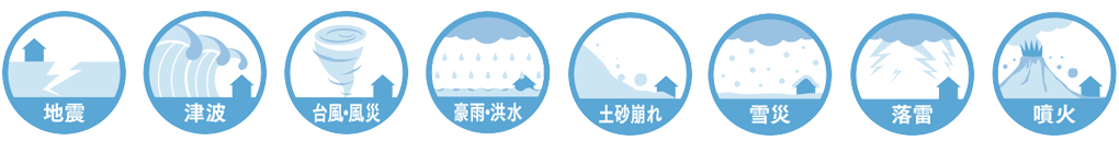 地震　津波　台風・風災　豪雨・洪水　土砂崩れ　雪災　落雷　噴火