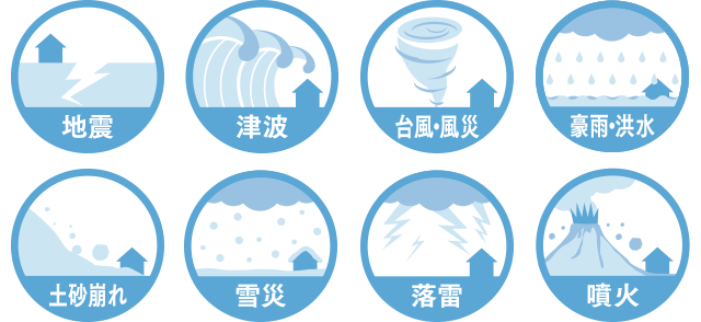 地震　津波　台風・風災　豪雨・洪水　土砂崩れ　雪災　落雷　噴火