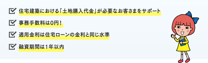 つなぎ融資のポイント、土地購入代金、事務取扱手数料0円、適用金利、融資期間は1年以内
