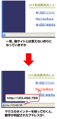 一見偽サイトとは見えないつくりになっていますがマウスのポインターを持っていくと、数字が列記されたアドレスが！