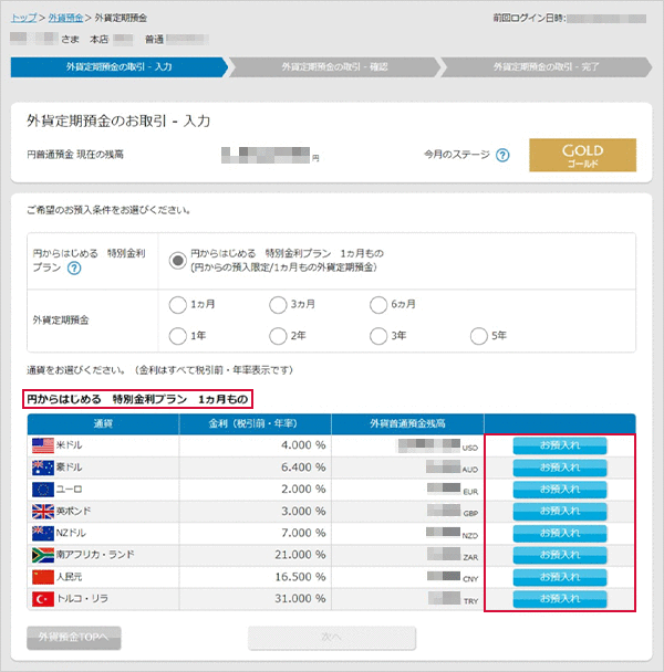 円からはじめる特別金利プラン お取引操作 STEP6のキャプチャ画像