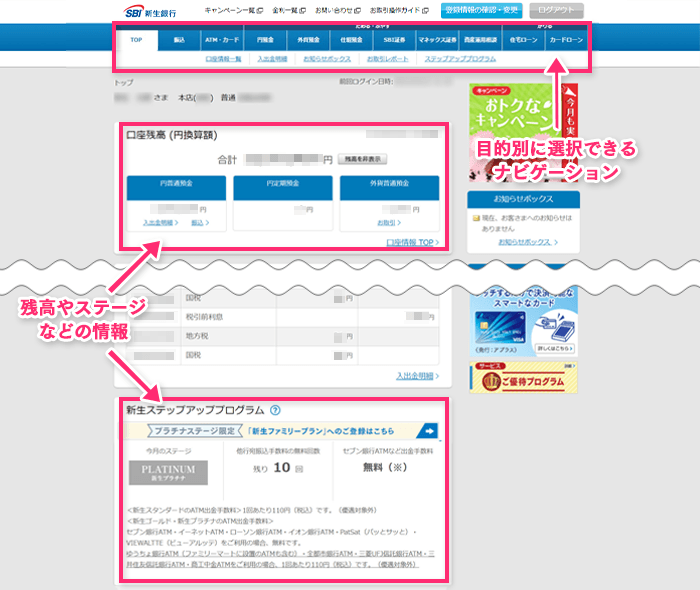残高やステージなどの情報、目的別に選択できるナビゲーション